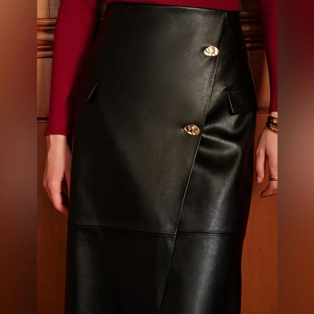 NWT Commense Black PU Leather Buttoned Straight Maxi Skirt - Sz L